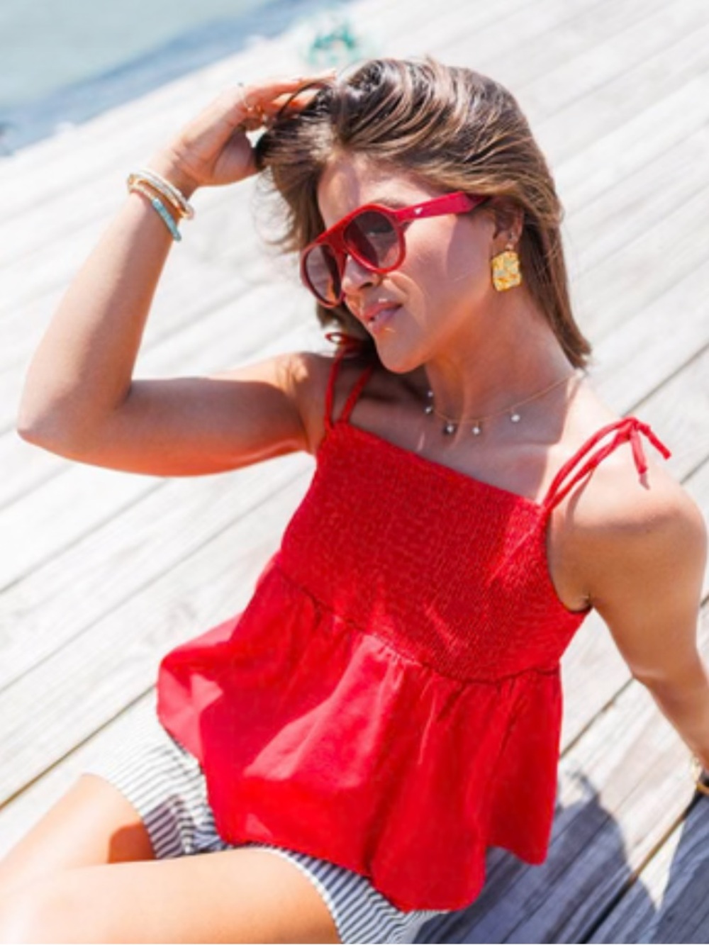 NEW Idem Ditto Cotton Linen Smocked Tie Strap Cami Tank Red NWT